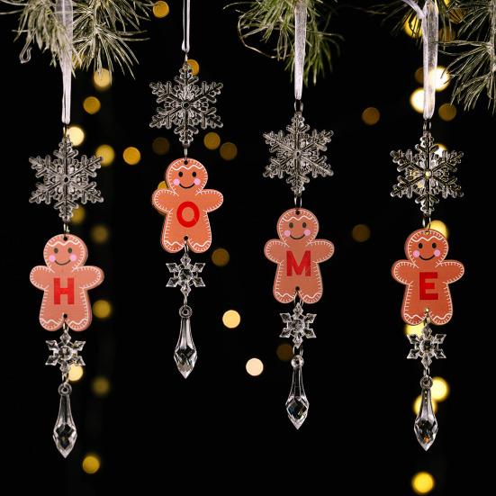 Christmas Gingerbread Man Letter Ornament Name Initial Gingerbread Hanging Decoration with Clear Acrylic Snowflake Icicle for Xmas Tree Party Decor