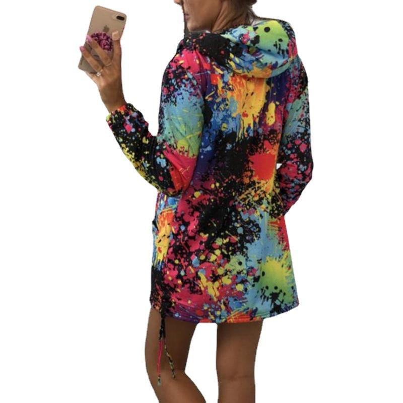 European & American Style Plus Size Women's Printed Hooded Long-Sleeve Mid-Length Hoodie Jacket for Autumn & Winter