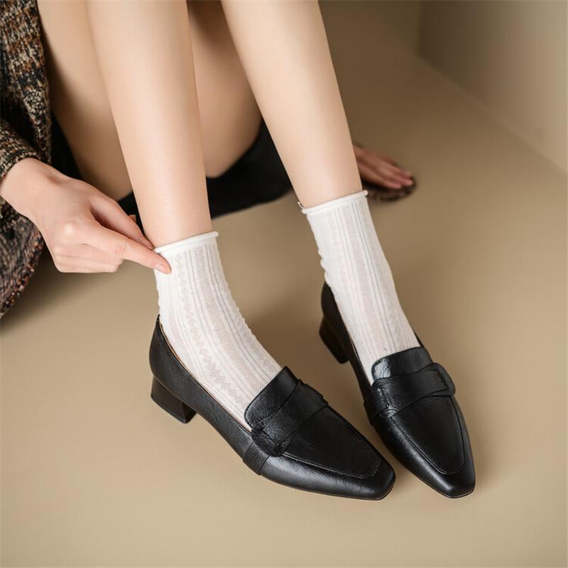 Fashion 2024 Spring Genuine Leather Women Shoes Square Toe Chunky Heel Women Pumps Shoes for Women Low Heels Loafers Shoes Zaptos Mujer