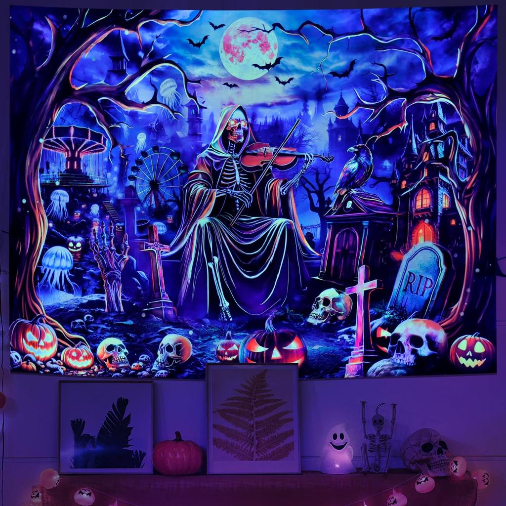 Yuiqear Blacklight Skull Tapestry UV Reactive Halloween Tapestries Psychedelic Moon Castle Tapestries Horror Pumpkin Tree Tapest