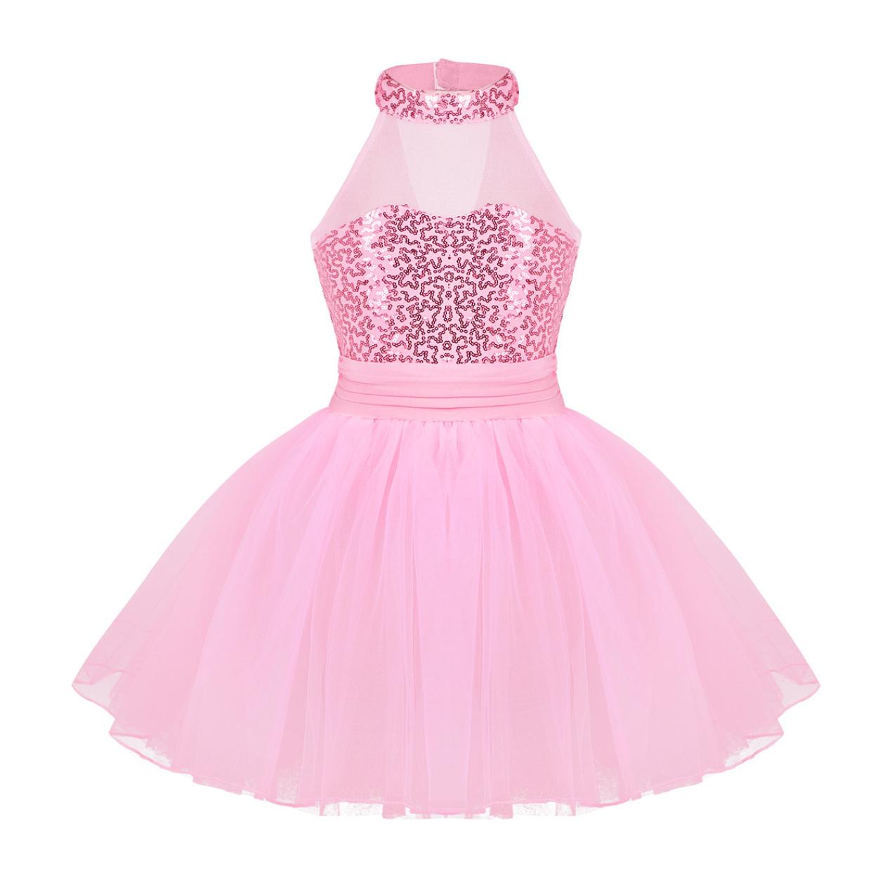 

Детский костюм с блестками, балетное платье-пачка для девочек, танцевальное трико, сценическое гимнастическое платье для упражнений 7-8 Years розовый