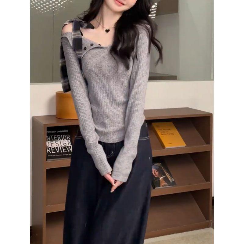 2024 Autumn Irregular Tie-Up Long Sleeve Slimming Knit Top