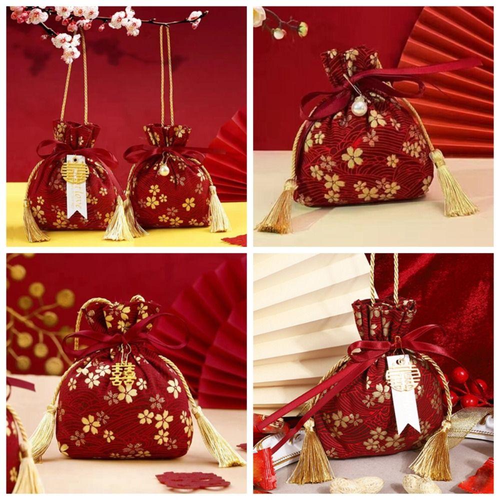 Pearl Pendant Canvas Flower Drawstring Bag Stripe Bowknot Floral Tassel Handbag Female/Girls