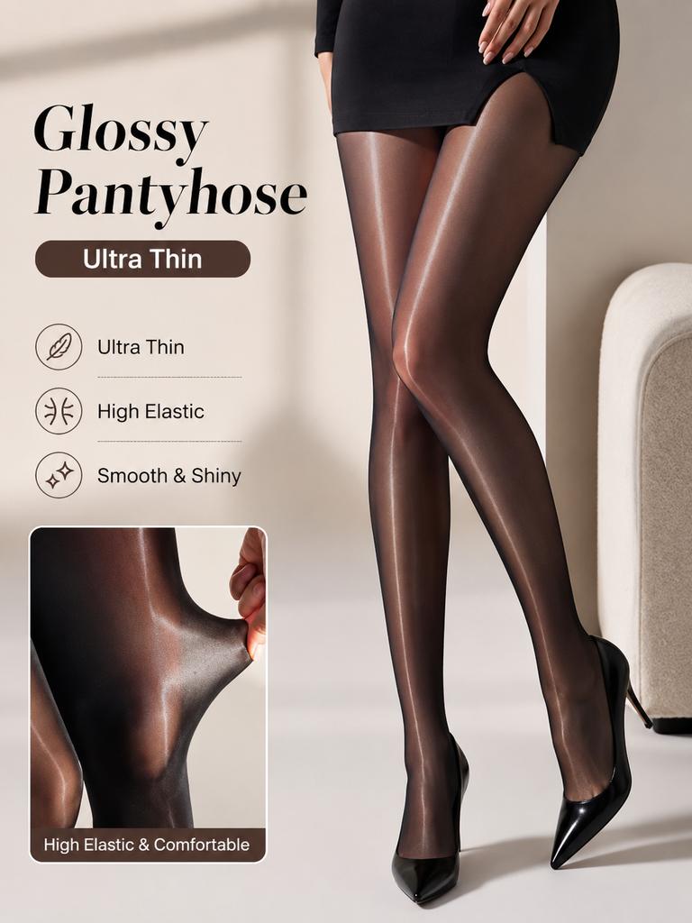 Oil Shiny Black Sheer Tights Women Glossy Pantyhose Smooth Silky Control Top Stockings Sexy High Waist Slim Fit Tights