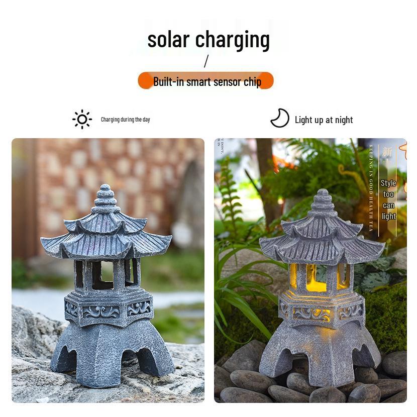 Solar Chinese Palace Lantern: Outdoor Zen Pagoda Statue Ornament, Resin Craft
