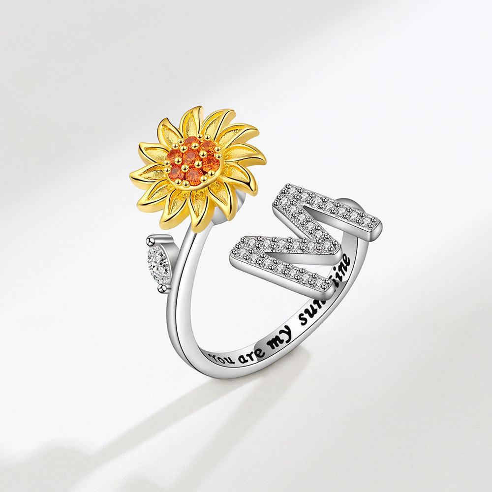 Creative Sunflower Rotating Ring 26 Letters Adjustable Open Design Women's Fashion Finger Jewelry Daily Wear & Gift Accessories