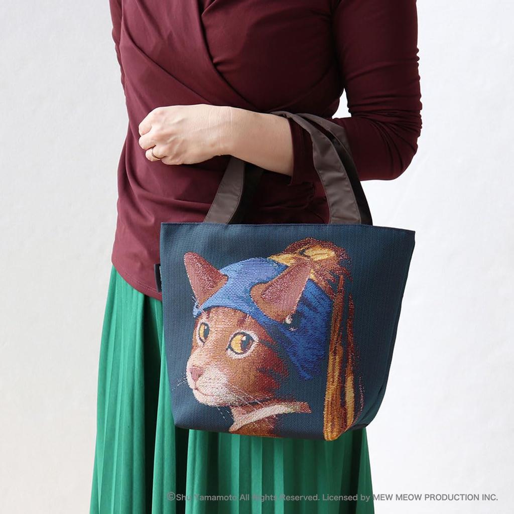 Bloeiende Kat Kunst Gobelin Tote Bag [Kattenmeisje met Pareloorbellen] door Johannes Ferneco, Dames, Ongeveer. 25 x 20 x 14 cm, 000660-0001-01
