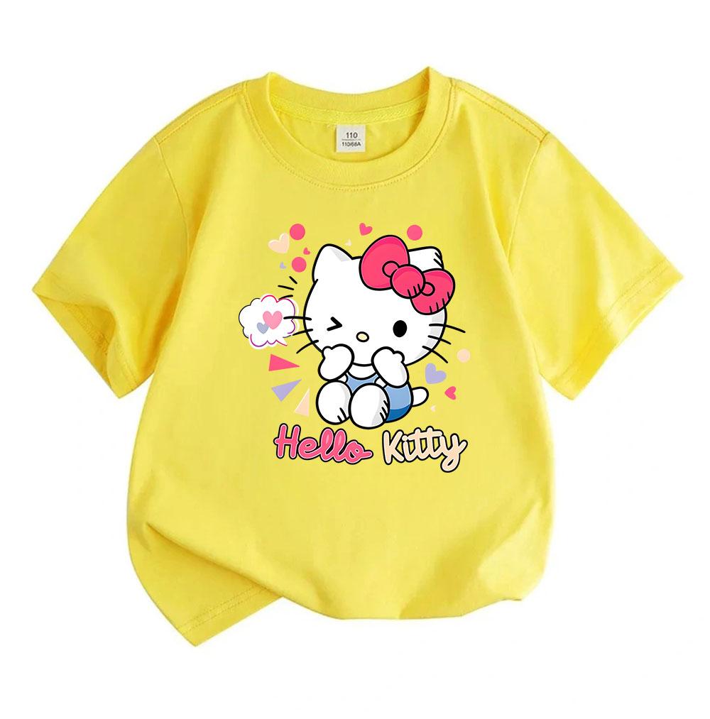 Kids Boys Girls Crew Neck Short Sleeve 100% Cotton T-Shirt, Cute Winking Cat Print Casual Soft Breathable Tee for Little Children Daily Wear Party Hol