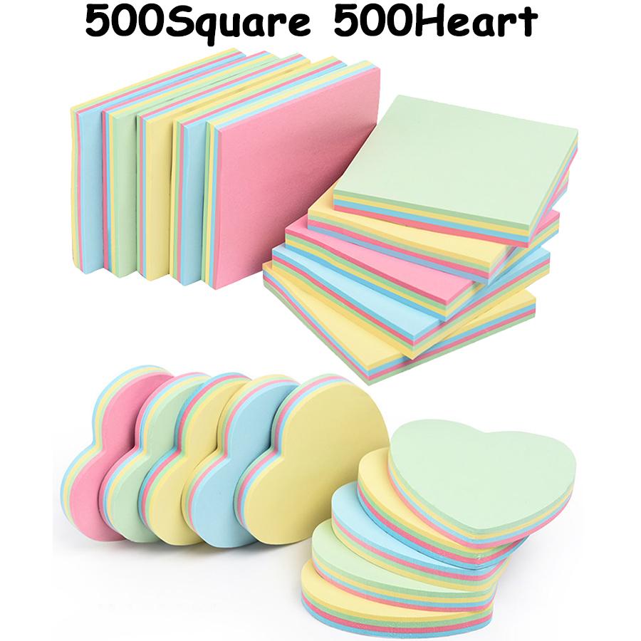 1000pcs 7.6cm Color Sticky Note Square Heart Shape Writbale Blank Office Memo Stickers Important Reminder Tool Office Supplies