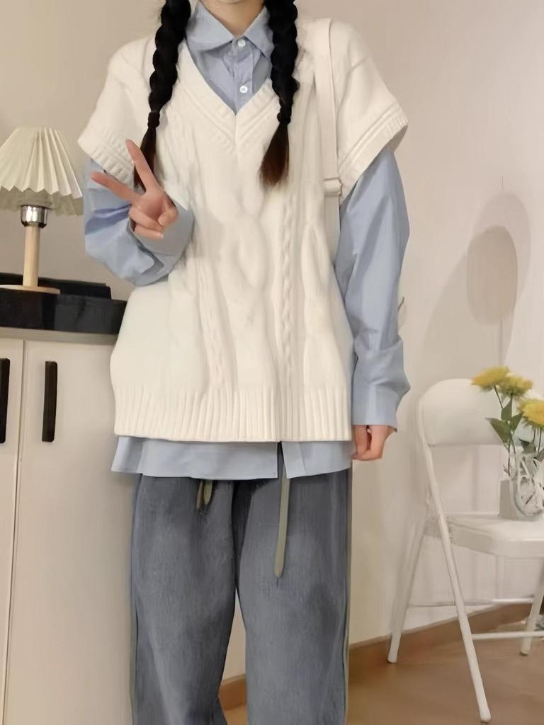 Korean Preppy White Sweater Vest & Shirt Set - Women's High-End Knitted Two-Piece for Spring & Autumn