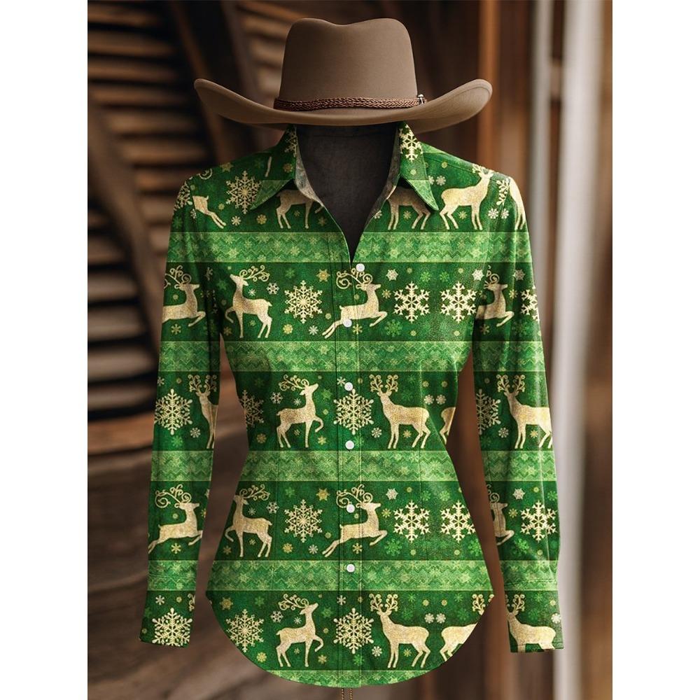 Christmas Vintage Women's 3D Printed Long Sleeve Shirts Casual Christmas Blouse Button-Up Western Cowboys Tops For Women