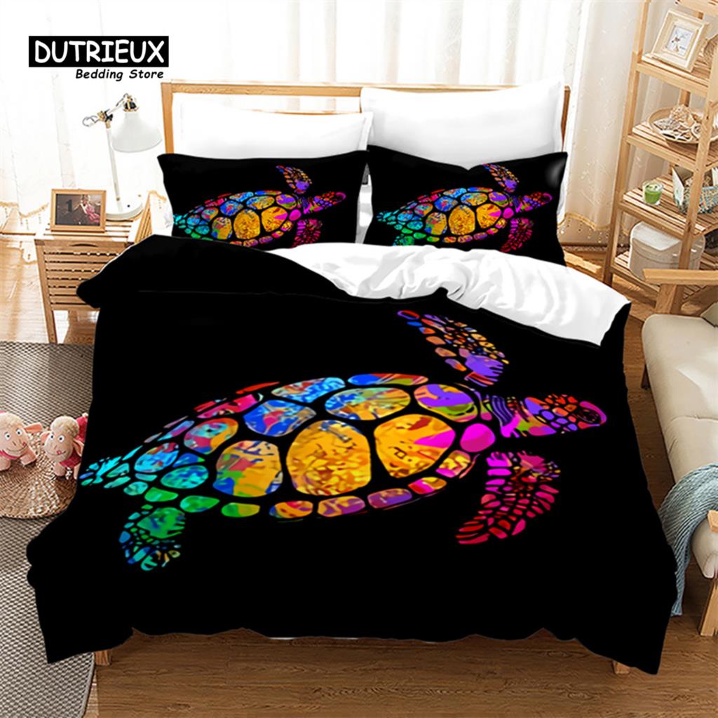 Exotic Turtle Duvet Cover Full King Microfiber Kawaii Sea Animal Comforter Cover Bohemia Tattoo Style Ocean Theme Bedding Set