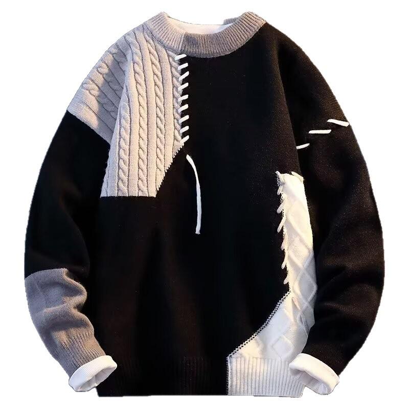 Unisex Patchwork Color-Block Sweater: Casual, Loose-Fit Knit Pullover for Autumn and Winter