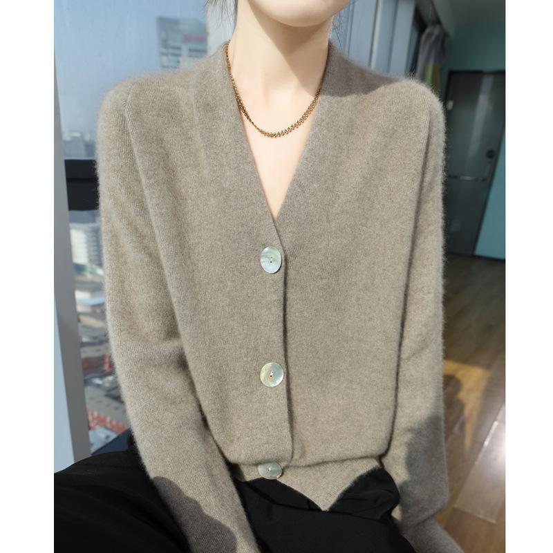 Autumn and Winter Wool Sweater Long-sleeved V-neck Casual Cardigan Women's Loose and Thin Jacket Top