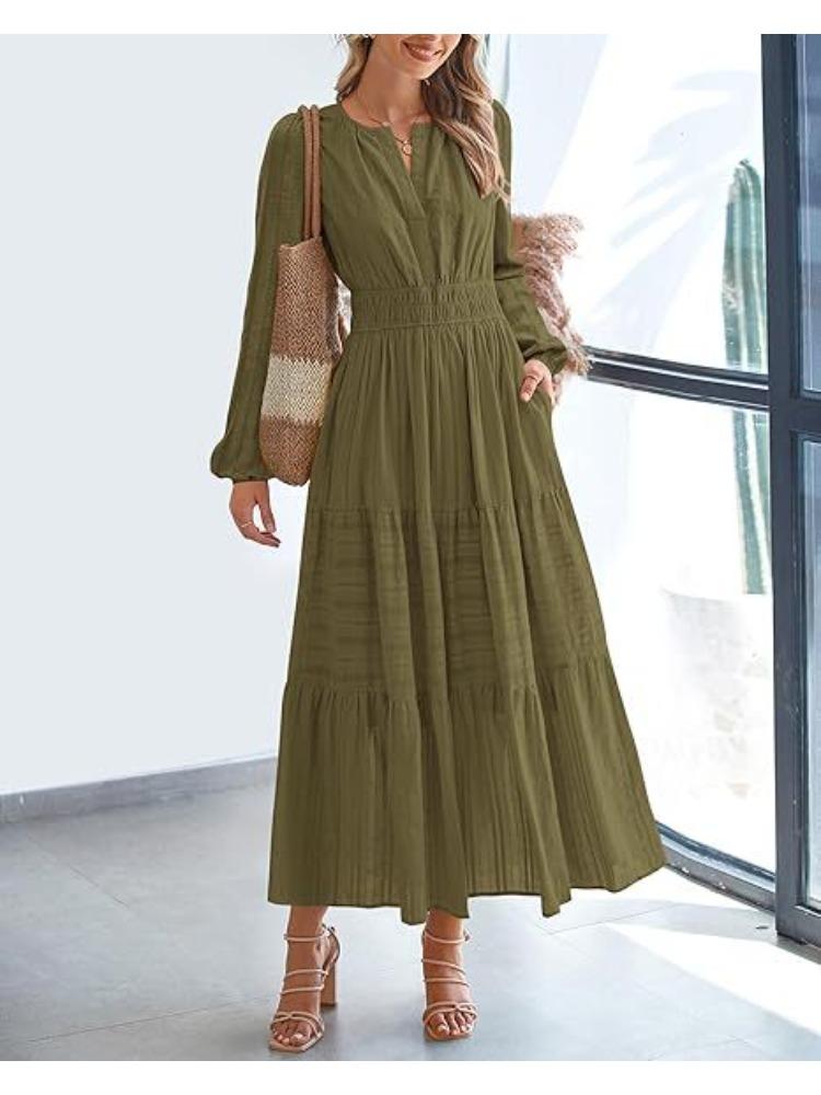 Women's V-Neck Flared Maxi Dress with Waist Pleats In Multiple Colors