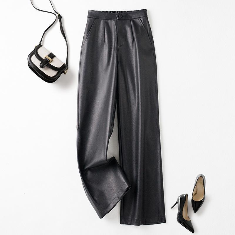 Top-Grain Calfskin Wide-Leg Trousers Women's Korean-Style High-Waisted Plus-Size Casual Genuine Leather Pants