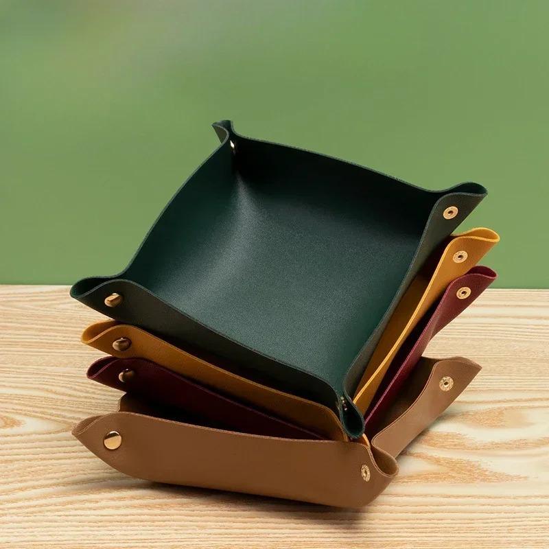 1PC 20cm/7.87inch PU Leather Box Desktop Storage Tray Jewelry Cosmetic Key Stuff Storage Basket Folding Table Organizer Case