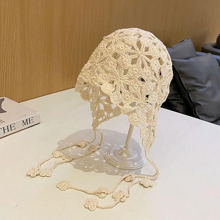 

Вязаная крючком шапка с кисточками ручной работы, дышащая, с ажурным узором, этническая хлопковая нить, повязка на голову для девочки, шляпа в богемном стиле one size бежевый