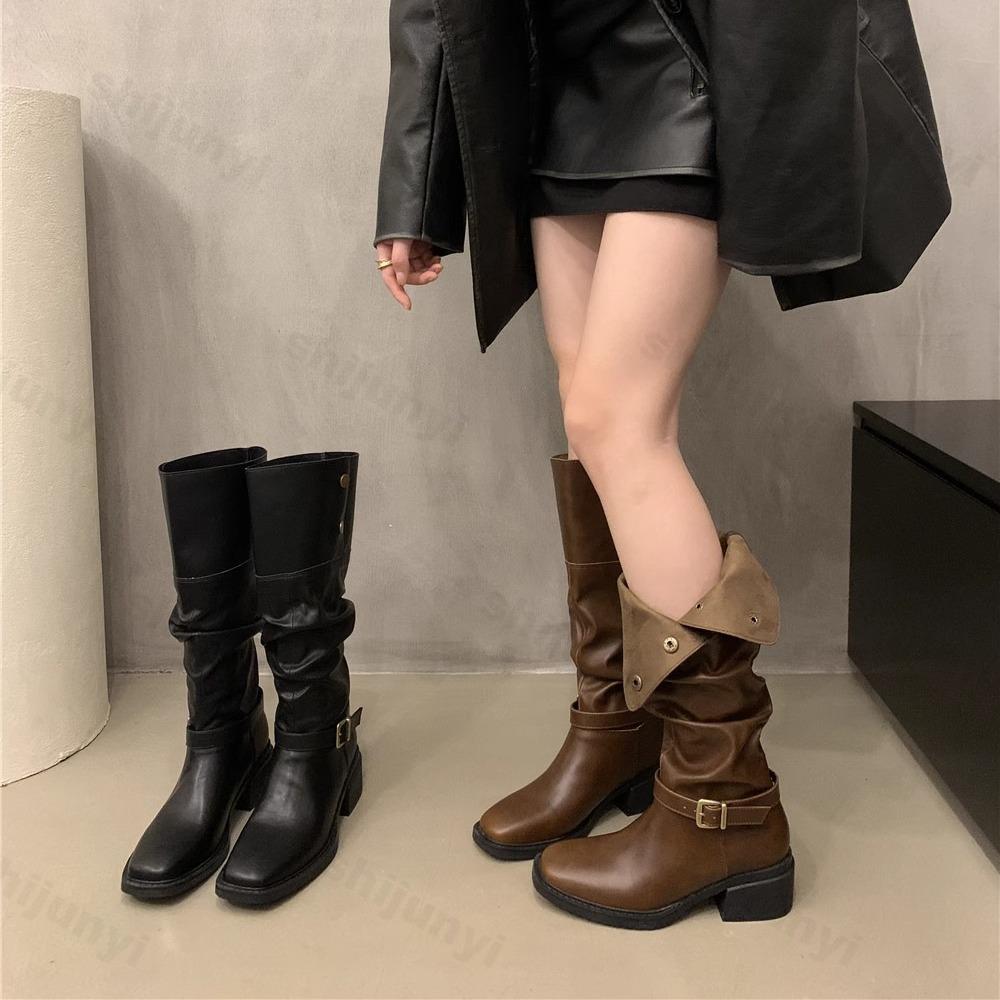 Shoes for Women Autumn Fahsion Buckle Knee High Boots Retro Tall Boots Woman Pleated Low Heel Casual Leather Female Long Boots
