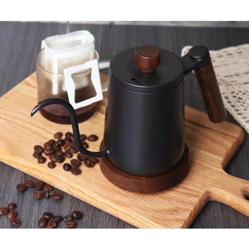 SOVIFKI Coffee Drip Pot with Measuring Cup, Walnut Wood Handle, Coffee Pot for Camping, Open Fire, with Lid, 580ML Stainless Steel Drip Kettle, Small,