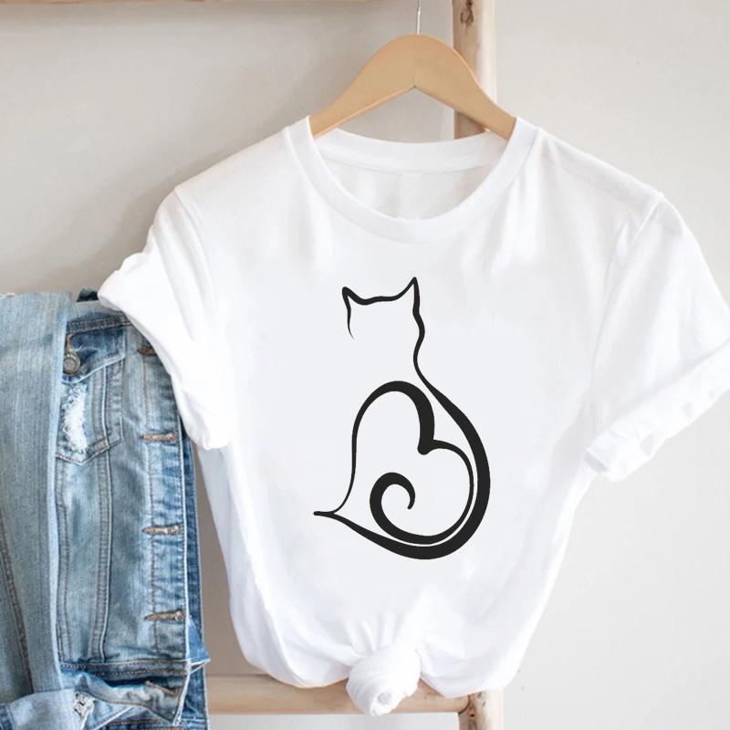 Summer Cat Women Short Sleeve Print Tee Top Love Cute Style Fashion T-shirt  Lady Female Clothing Casual Graphic T-shirt