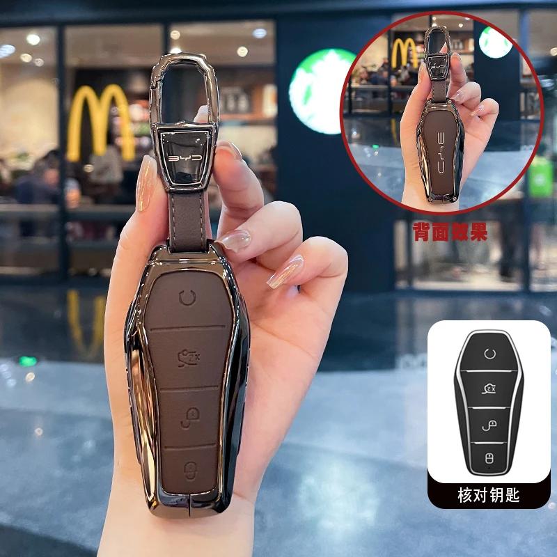 Innenraumleisten Schlüsseletui Abdeckung für BYD Song Plus Atto 3 Han EV Tang DM Qin Seal Dolphin Leder Metall Fernbedienung Halter Schlüsselanhänger