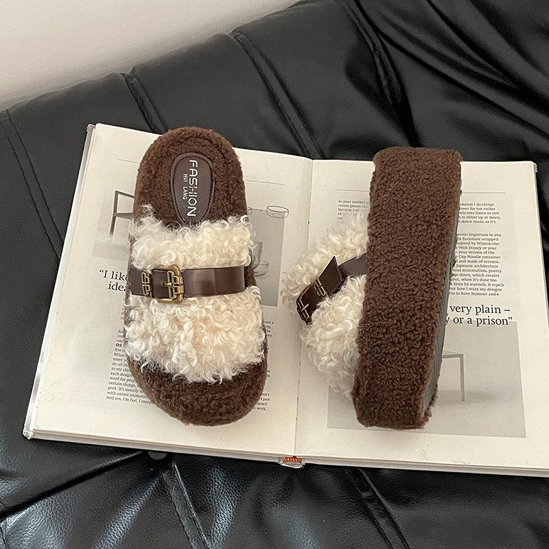 Piaohong retro style thick bottom heightening exquisite belt buckle Mao Mao slippers women's 2025 autumn and winter new one-word cotton slippers