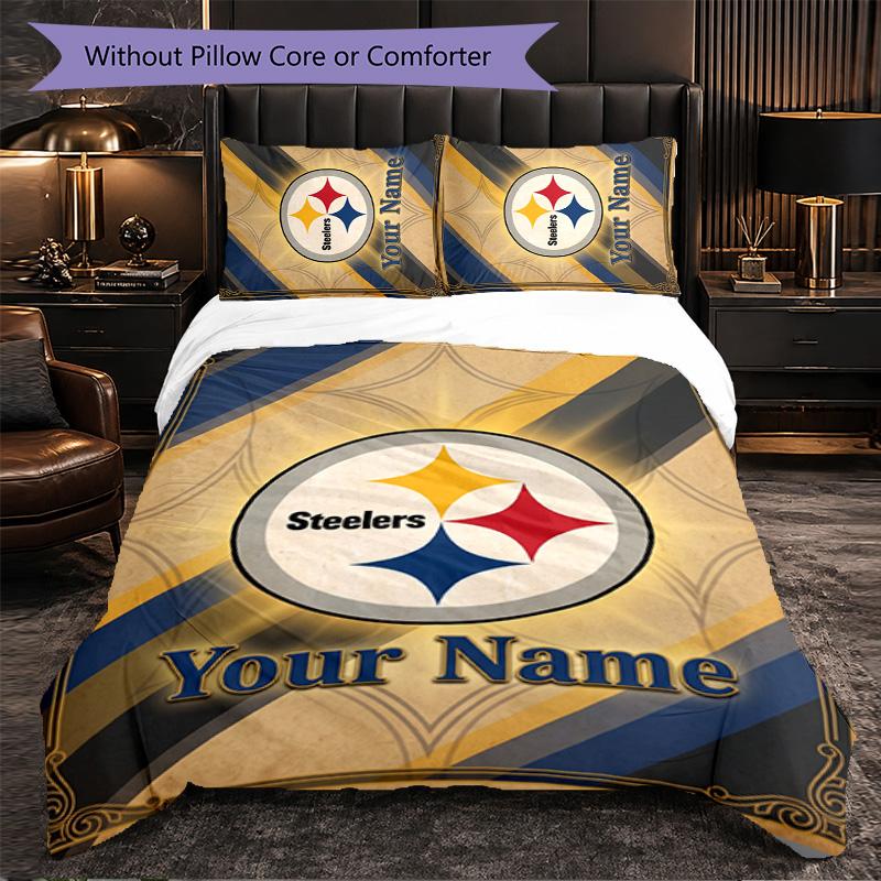 Pittsburgh Steelers Customized Name Text Bedding Set, 1 Duvet Cover & 2 Pillowcases Personalized Bedroom Gift