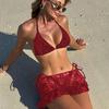 Stylish 3pcs Set Swimsuit Adjustable Tankini Top High Waist Swim Skirt N-neck Bra & Underwear Thong for Women Lady