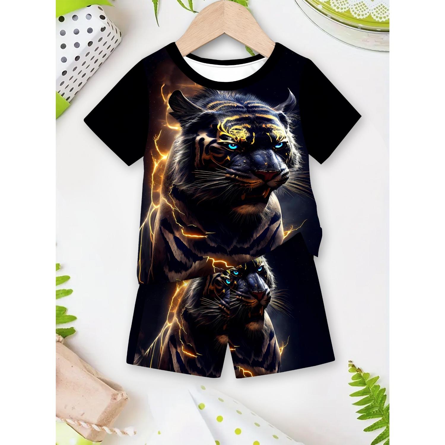 

Men s Children s Summer Fashion 3D Print Flame Tiger Pattern Short Sleeve T-Shirt and Casual Pants Streetwear Sporty Short Sleeve Shorts Set 2-Piece 13-14 Years