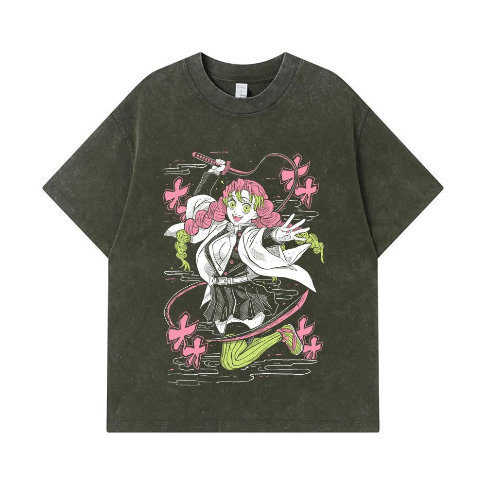 275 GSM Gewaschene T-Shirts 100% Baumwolle Demon Slayer V49 Mitsuri Aufdruck Unisex Schweres Baumwoll-T-Shirt