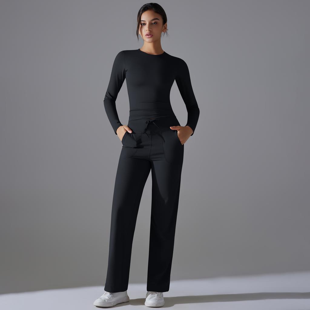 Nessaj Yoga Sportswear With Pockets Women Gym Suits Wide Leg Pants Long Sleeve Shirts Sports Tracksuit