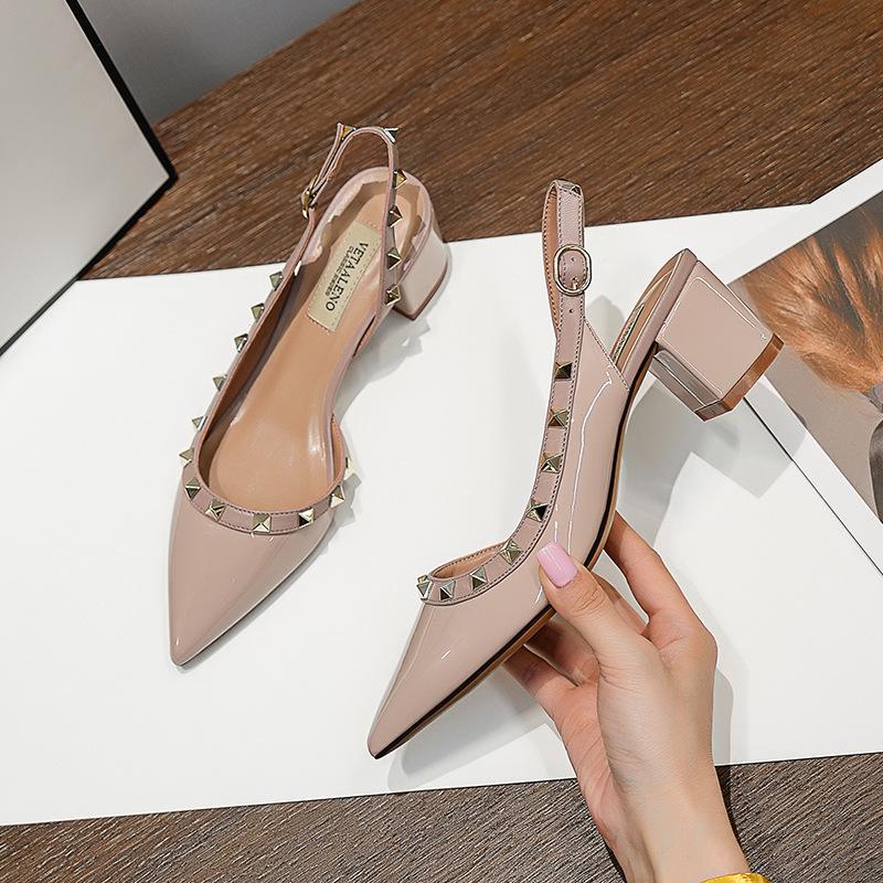 2024 Summer Mid-Heel Nude Pointed-Toe Studded Peep-Toe Chunky Heel Backless Sandals for Women