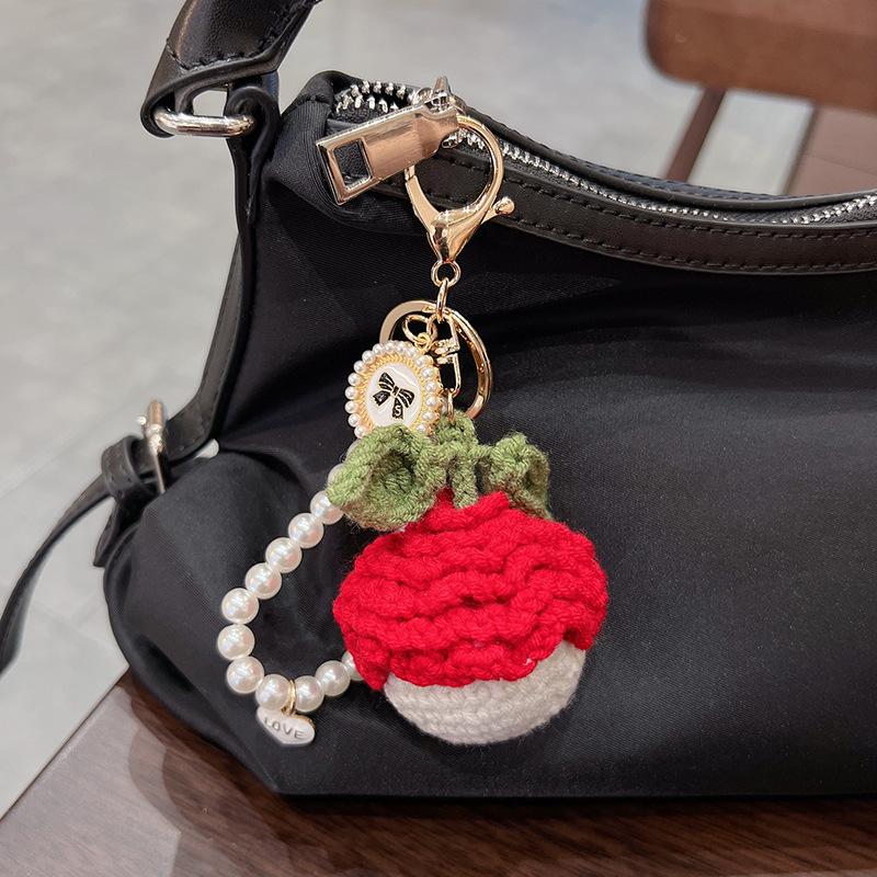 Handmade Crochet Flower Keychain Set, Colorful Knit Flower Bag Charm with Pearl Strap,Crochet Flower Keychain, Pearl Strap Charm