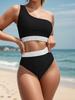 2024 European & American Color Block One-Shoulder High-Waist Bikini Swimwear