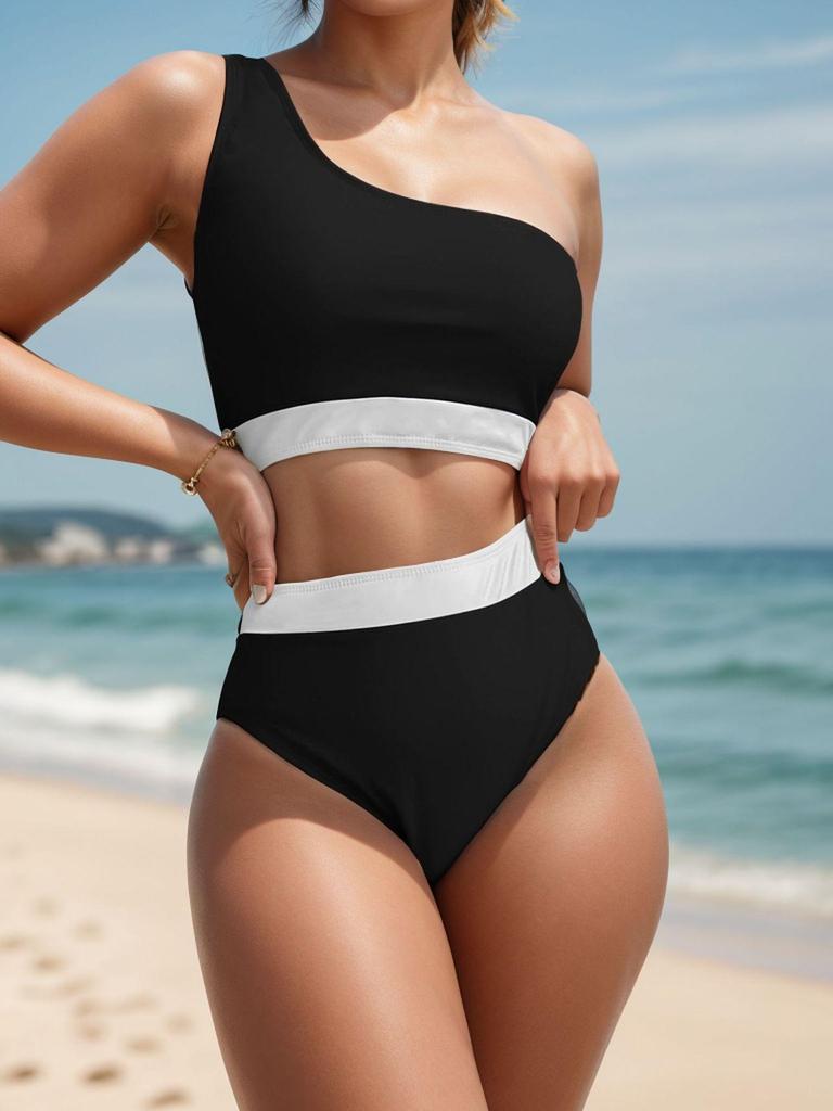 2024 European & American Color Block One-Shoulder High-Waist Bikini Swimwear