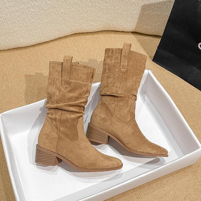 

Виноградный Мама V-образный вырез Майяр Полусапоги для верховой езды до середины икры для женщин на толстом каблуке и с широким голенищем - Коллекция Осень 2025 36