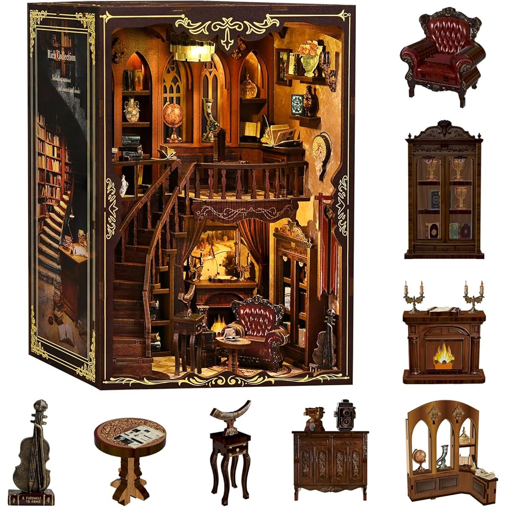 CRESYMME Miniature Dollhouse Book Nook Kit Wooden DIY Craft 3D Model