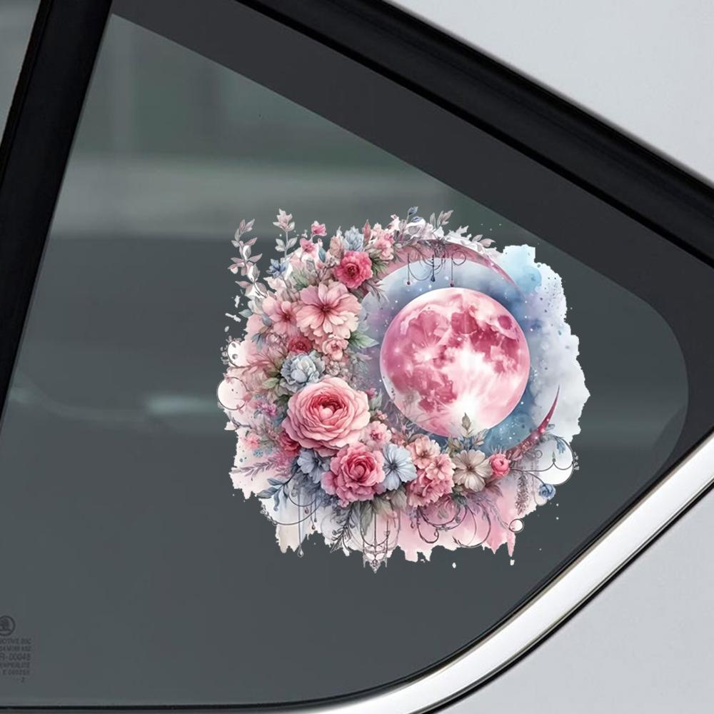 QT2135#15cm Flowers and Moon Car Sticker, Suitable for Laptop, Car, Truck, Van, SUV, Motorcycle, Bumper, Window