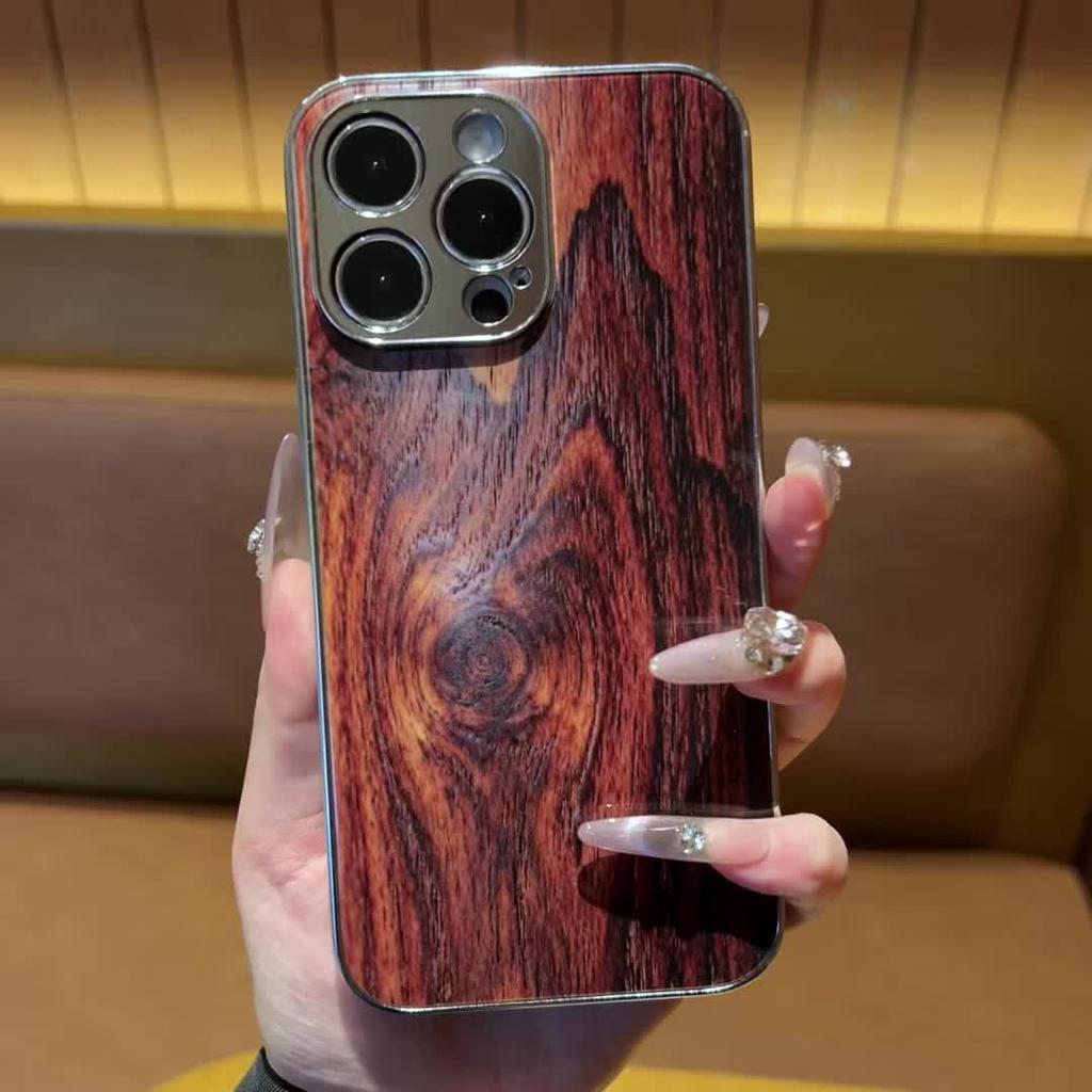 Wood Grain Texture Pattern Electroplated Glass Lens Protection Business Design Phone Case for iPhone 16  17 Pro 15 14 Pro Max