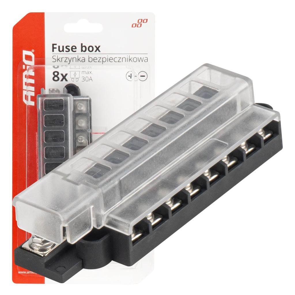 Fuse box with screw connectors, 8 sockets, AMIO-03837