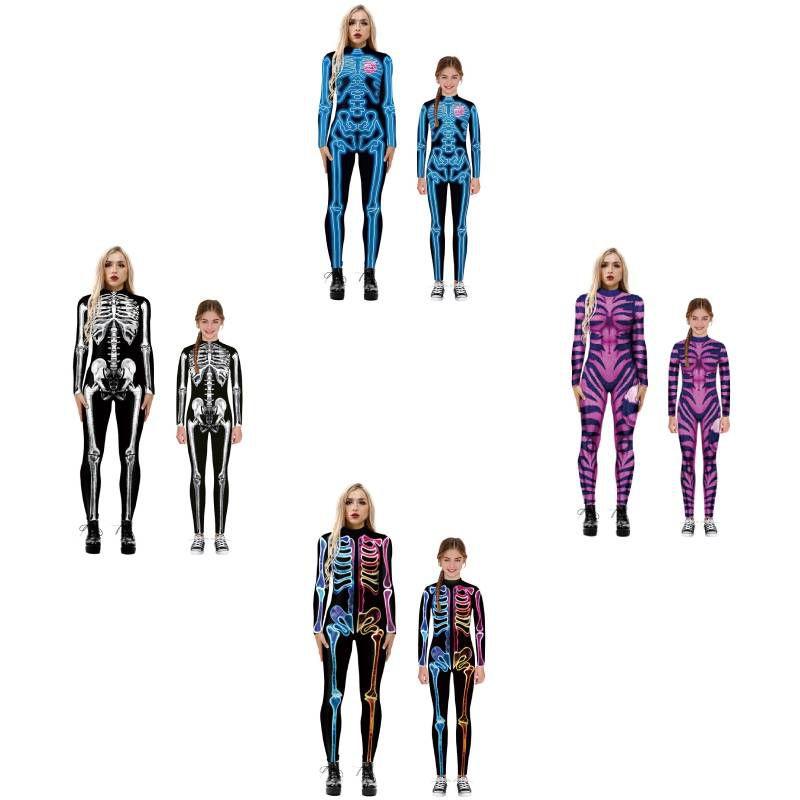Spooky Skeleton Print Long-sleeved Jumpsuit Halloween Costume For Adults Kids