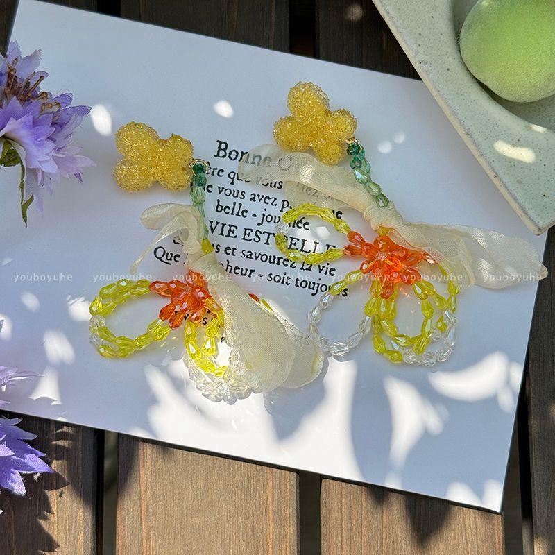 

Серьги-ленты с бисером в виде бабочек для женщин, серьги в стиле островного отдыха весна-лето, новинка 2025 года, преувеличенные нарядные серьги Butterfly Beaded ribbon earrings-Silver Needle