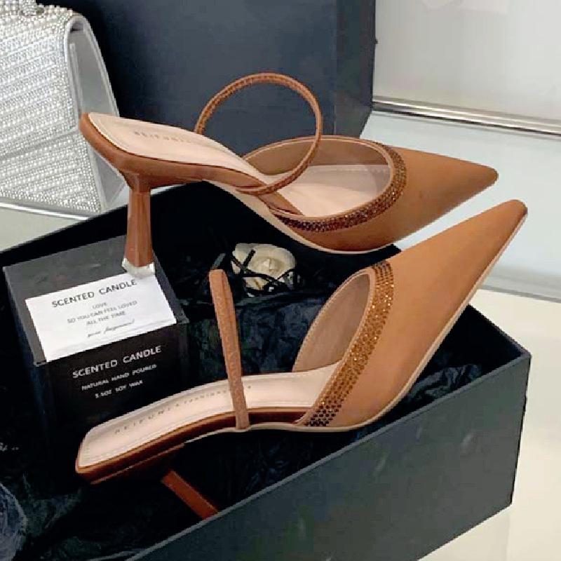 Elegant Pointed Toe Slippers for Women Summer Sexy Backless Slide Sandals Fashion Party Rhinestone Design Thin Heel Pumps Female
