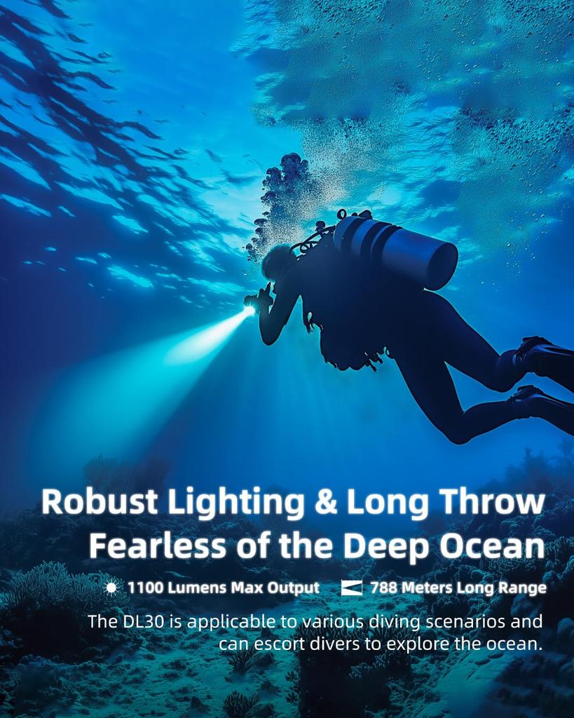 Nitecore DL30 Diving Light, 1100 Lumens, 100 Meter Depth, USB-C Rechargeable, Long Throw, Spot Beam, IP68 Waterproof