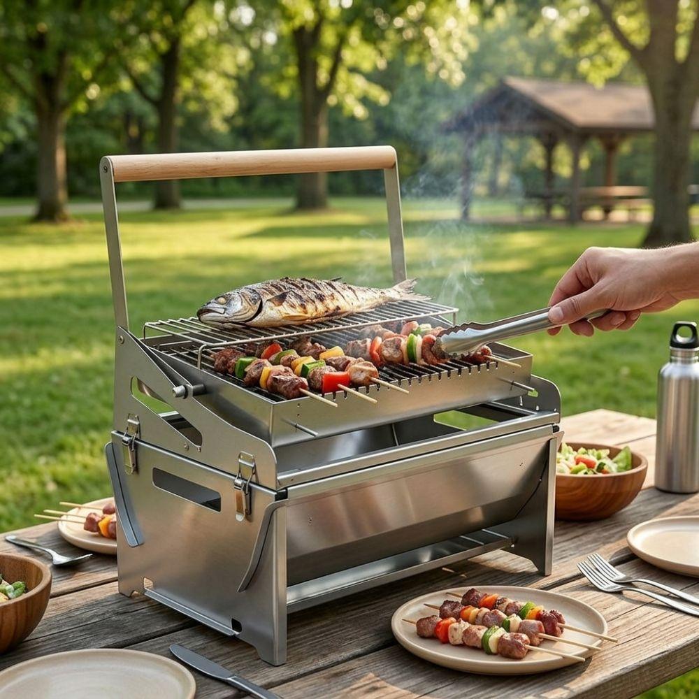 Klappbarer 360° drehbarer Stahlgrill Abnehmbares Grillrost Holzgriff Kleiner Grillrost Rostbeständig Belüftungslöcher