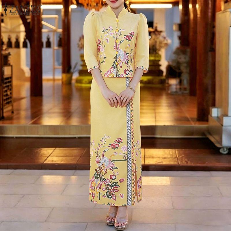 ZANZEA Women's 3/4 Sleeve V-Neck Printed Two Piece Set