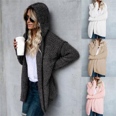 Damen-Strickjacke, langärmelig, lockerer Pullover, Kapuzenpullover, einfarbig, flauschiger Mantel, lässige Oberteile