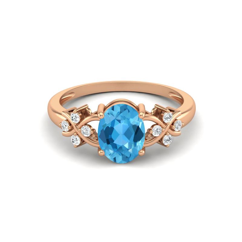 8X6MM Oval Swiss Blue Topaz Gemstone 925 Sterling Silver Rose Plated Solitaire Vine-Inspired Women Wedding Ring