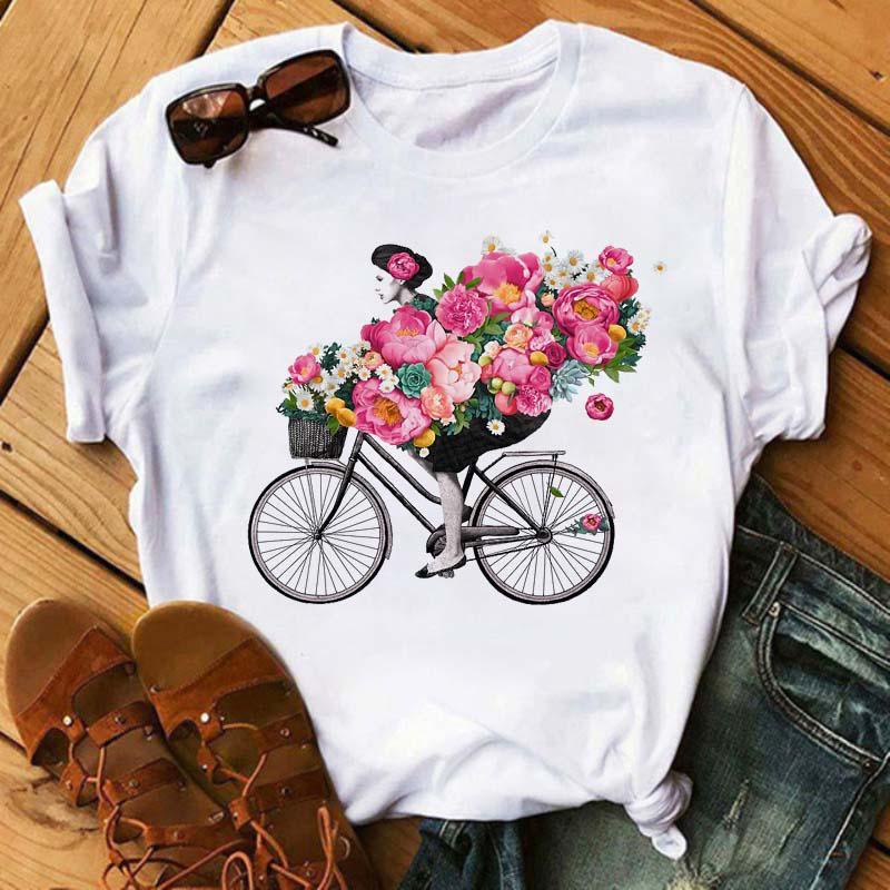Funny Bicycle With Sunflower Women Tshirt Summer Harajuku Short Sleeve White T Shirts Cartoon Casual